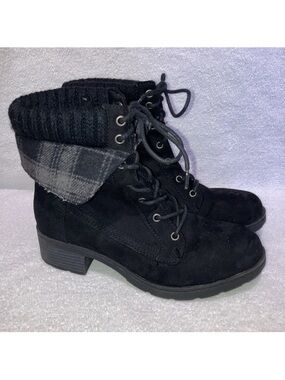 Brash Warwick Y2K Black Combat Ankle Boots Plaid Fold Down Sweater Collar Sz 7.5